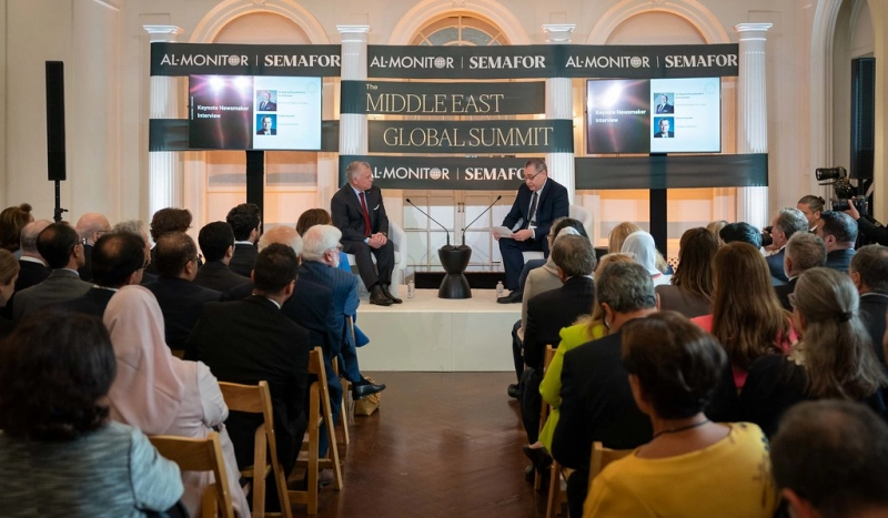 His Majesty King Abdullah II, on Wednesday, in a one-on-one conversation with Al-Monitor President Andrew Parasiliti attended by international political and media figures at the Middle East Global Summit in New York